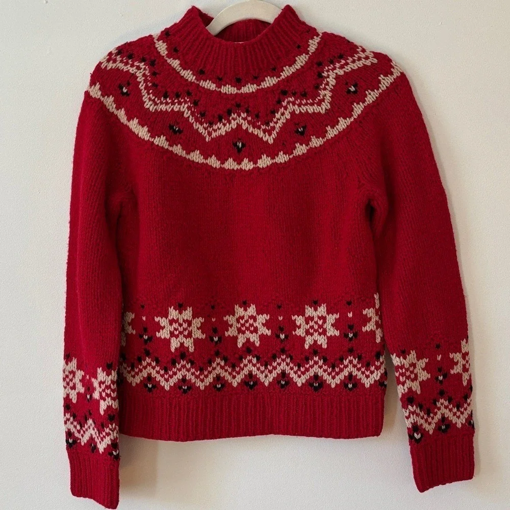 J. Crew Vintage Hand Knit Wool Cashmere‎ Fairisle Icelandic Red Sweater Medium